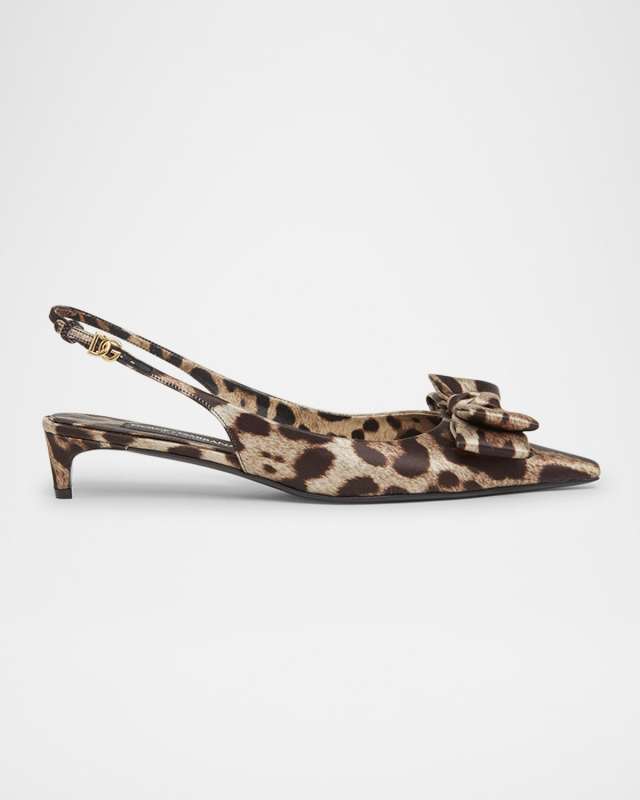 Leopard Satin Bow Slingback Pumps